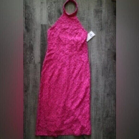 NWT Zara Pink Midi Dress Size Large Length Fuchsia Lace Halter Open Back - Picture 3 of 12